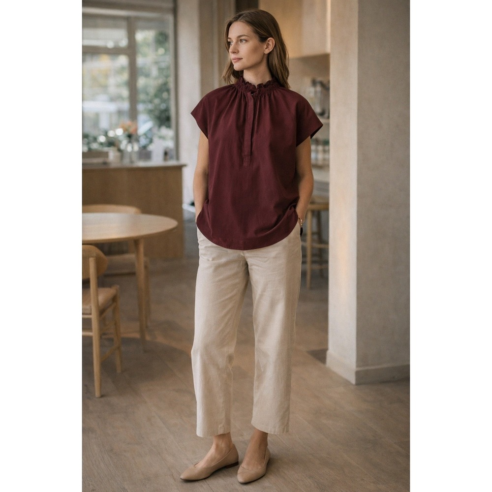NWT Caryn Lawn Emily Minimalist Cotton Blouse Burgundy Short Sleeve One Size